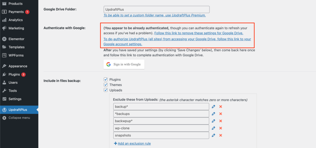 UpdraftPlus Plugin Settings- Google Drive Authentication